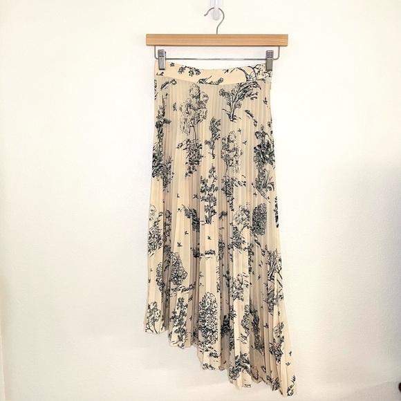 & Other Stories Asymmetric Plisse Skirt 0 Cream Black Pleated Midi Tree Print - Picture 4 of 14
